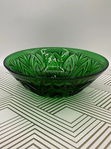 Vintage Anchor Hocking Forest Green Cut Glass 8" Round Serving Bowl