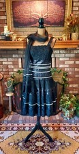 Terani Couture Black White Beaded Tulle Cocktail Midi Dress with Scarf Size 10