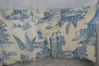 VINTAGE FRENCH COUNTRY BLUE CREAM TOILE PILLOW RECTANGLE 22X12" FLORALS BIRDS VG