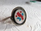 VINTAGE ZUNI STERLING SILVER CORAL TURQUOISE & MOP CARDINAL RING SIZE 7 -6.2g