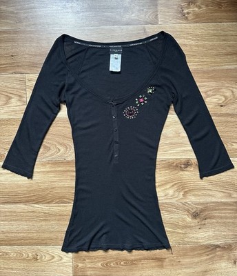 Richmond Denim Y2K Henley Top Bejeweled Rhinestone Distressed Black Shrug Shirt 