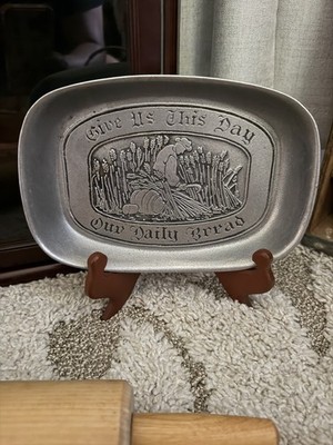 Silver Pewter Metal Rectangle Serving Tray ''Give Us This Day Our Daily Bread''