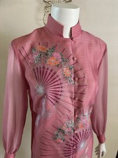 Vintage 60s 70s Alfred Shaheen Pink Fan Print Hostess Shift Dress Sheer Sleeve