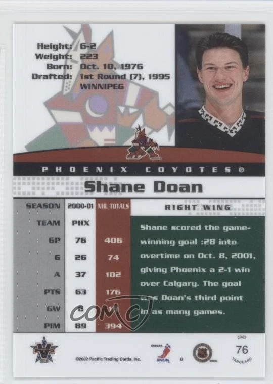 2001-02 Pacific Vanguard Blue Missing Serial Number Shane Doan #76 - Image 2 of 2