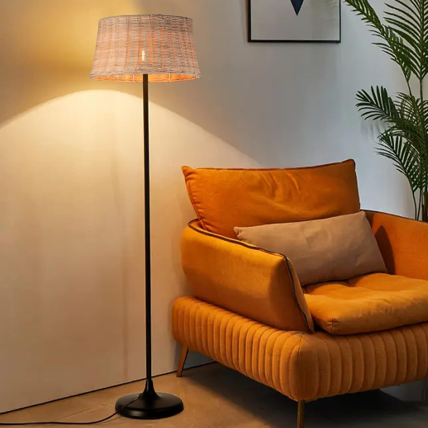 Boho Rattan Floor Lamp for Living Room, Industrial Bamboo Lampshade Standing Lam