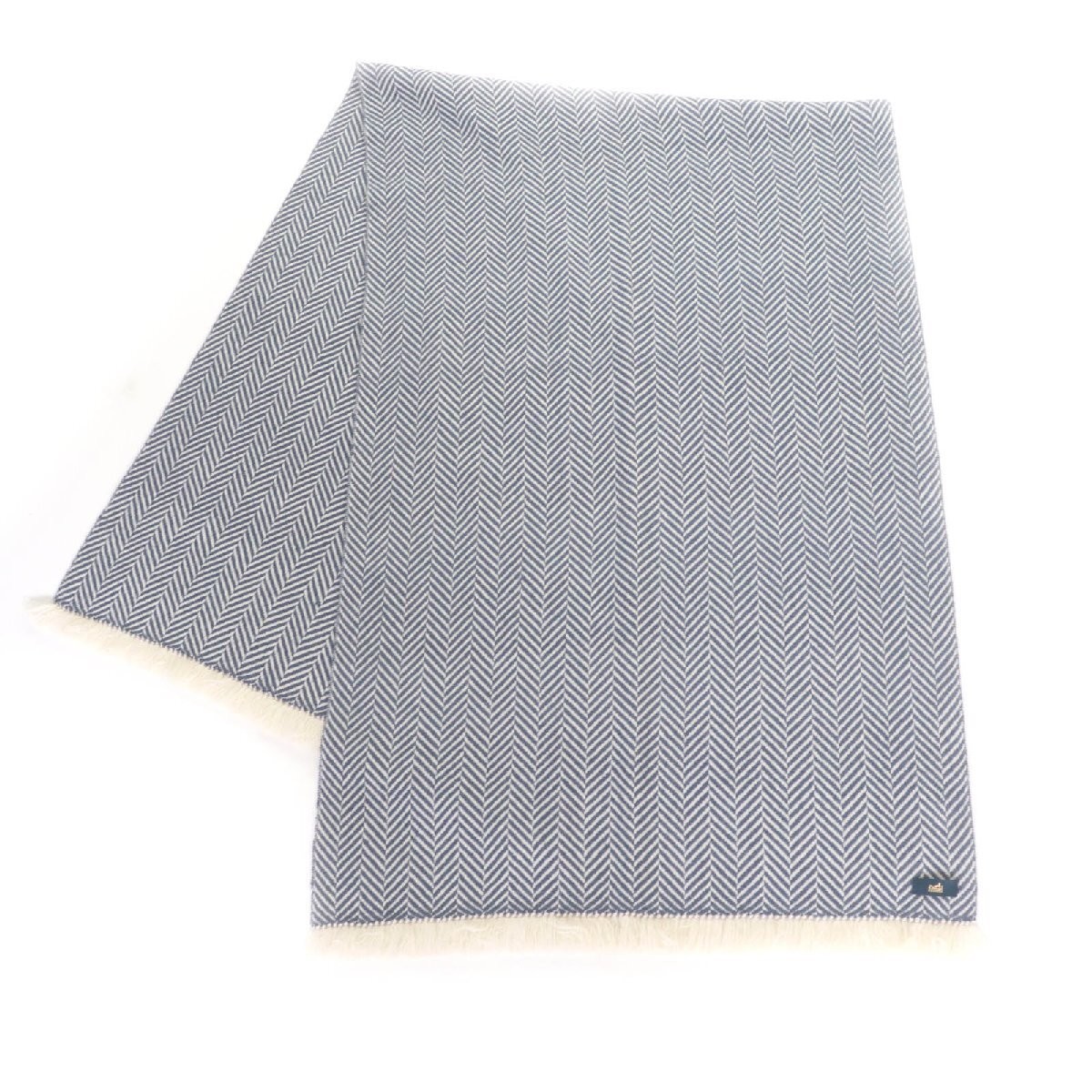 Hermes Cashmere Scarf Leather Tag, Fringe, Chevron Blue/White 69x206cm with Box