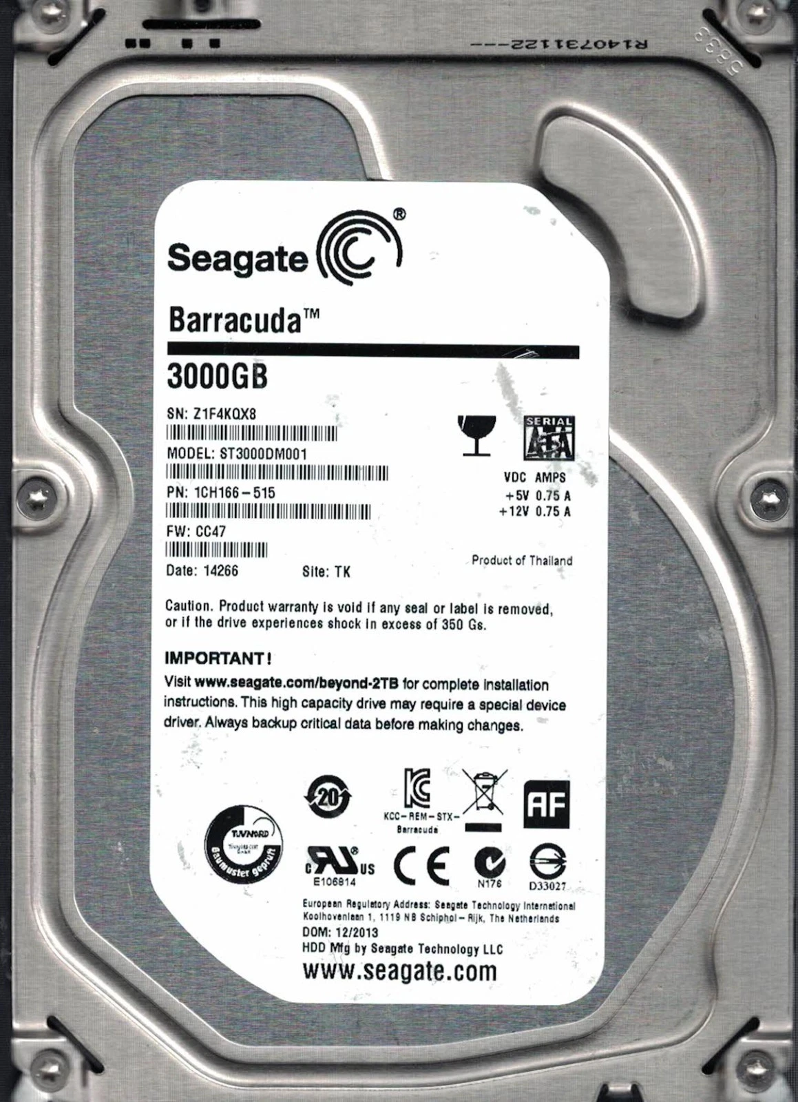Disco Duro Seagate Barracuda 3TB 7200 RPM SATA 6Gbps 3.5" LFF ST3000DM001 1CH166 Producto de Segundo Uso