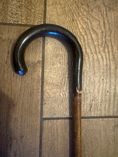 ANTIQUE Early 1900  s Wood Cane Walking Stick with Curved Handle, Brown/Black