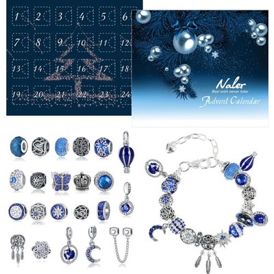 Eleganter Adventskalender 24-teilig mit Schmuck Anhängern und Glasperlen in Blau