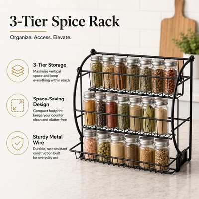 3-Tier Metal Spice Rack Countertop Organizer Black
