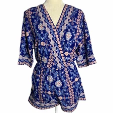 Japna Surplice Floral Shorts Romper S Blue Pockets Dolman 3/4 Sleeve VNeck Lined