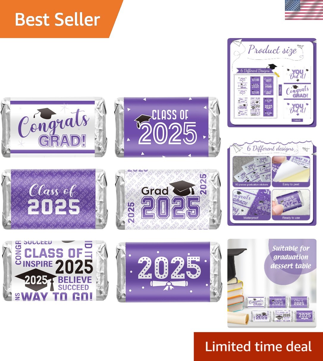 Elegant Purple White Graduation Stickers - 90 Mini Candy Wrappers