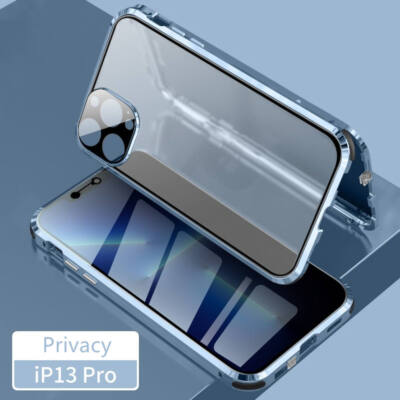 Für Apple iPhone 13 Pro Tasche Beidseitiger Magnet Glas Bumper Privacy Blau Case