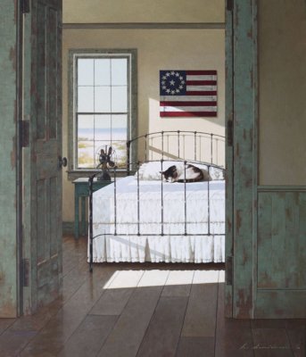 COASTAL CAT ART PRINT Lazy Kitten by Zhen-Huan Lu American Flag Bed Poster 11x14