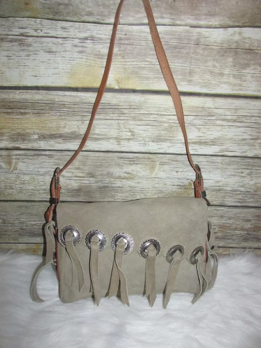 Light Brown Beige Suede Western Concho Buckle Leather Shoulder Bag