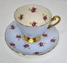 Shelley Cup & Saucer Rose Blue Gold Trim Scalloped Edge Roses 1940-1966 #13431