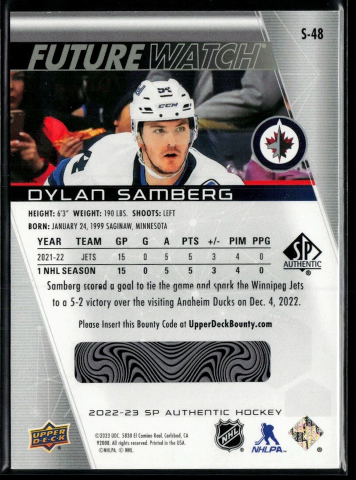 2022-23 SP Authentic Spectrum FX #S-48 Dylan Samberg RC - Image 2 of 2