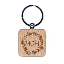 Mom Flower Wreath Mother's Day Engraved Wood Square Keychain Tag Charm