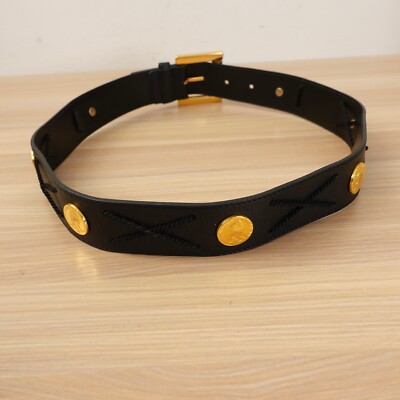 ESCADA エスカーダ　ベルト　象モチーフ　ゴールド金具　黒　ヴィンテージ ESCADA Belt XS Black Studded Medallion Roman Stud Gold Chain