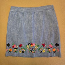 Talbots Floral-Embroidered Linen Cotton Blend A-Line Skirt Chambray Blue Sz 6