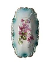 Vintage Candy Trinket Relish Dish Aqua/Gold Trim with  Pink Roses Oval