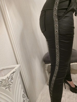 Leggings Leggins hose stretch denim  Kunstleder optik  Schwarz silber  An der Se