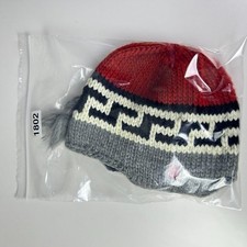 Bula Wool Blend Red Gray Wave Print Lined Knit Ear Flaps Winter Beanie Hat OS