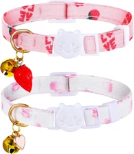 2 Pack Pink Cotton Breakaway Cat Collars with Bells and Safety Buckle