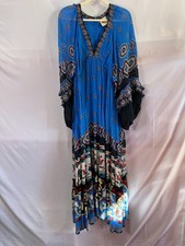 FARM Rio Multicolored Anika Tiles Blue Maxi Dress Size L with Fabric Pull