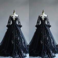 Gothic Black Wedding Dresses Long Sleeves Off The Shoulder Corset Bridal Gowns