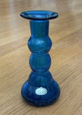 Vintage Rainbow Art Glass ~ Blue Crackle Glass Flower Vase / Candlestick ~ MCM