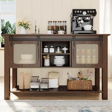 Buffet Cabinet, Coffee Bar Storage Cabinet with Rattan Sliding Barn Door&Shelves