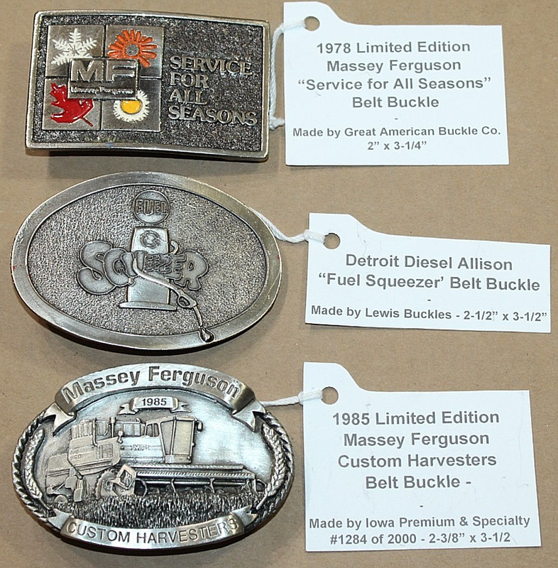 3 Vintge MASSEY FERGUSON FARM TRACTOR CO. CAST METAL BELT BUCKLES~MINT CONDITION