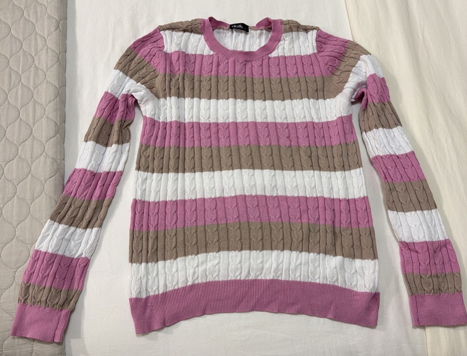 Dotti Woman’s Knit Lightweight Jumper Size M White/Brown/Pink Cable Knit 