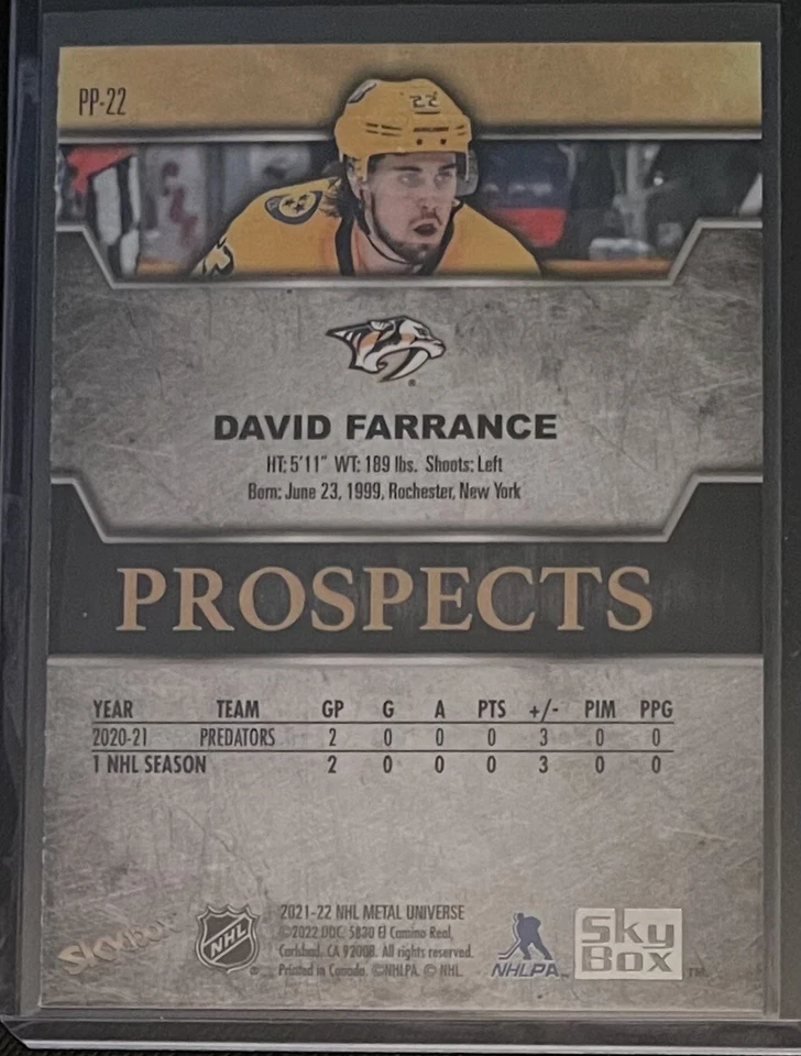 2021-22 Upper Deck Metal Universe Skybox Premium Prospects David Farrance PP-22 - Image 2 of 2