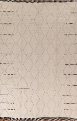 All-Over Ivory Moroccan Oriental Area Rug 9x13 Wool Handmade Dining Room Carpet