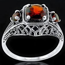 GENUINE GARNET 925 STERLING SILVER 3 STONE ART DECO STYLE FILIGREE RING     #160