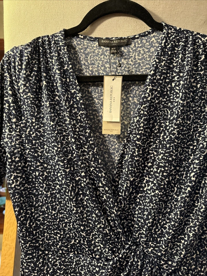 Banana Republic Womens Dress Size M Petite Black White Faux Wrap Short Slv NWT - Image 2 of 4