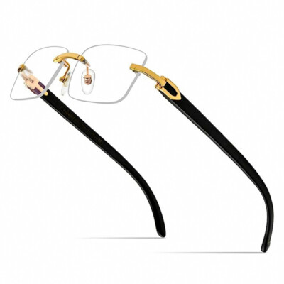 Gold Frame Rimless Mens Black Woodgrain 90s Rectangle Hip Hop Clear Tint Glasses