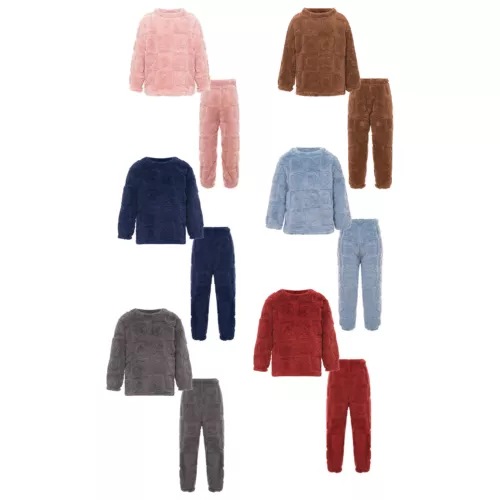 Kids Boys Girls Pajamas Set Solid Color Tops With Pants Round Neck Flannel Suit - Foto 3 di 72