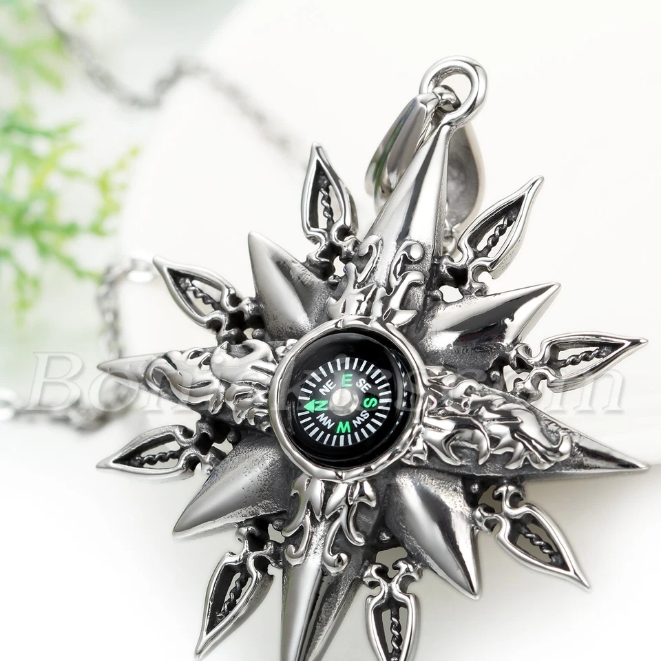 Collar cadena colgante brújula titanio acero inoxidable vintage diseño único para hombre Foto 3 de 4