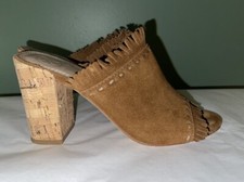 Tory Burch Huntington Sandals Brown Fringe Suede Cork Heels Mules 6 N Open Toe