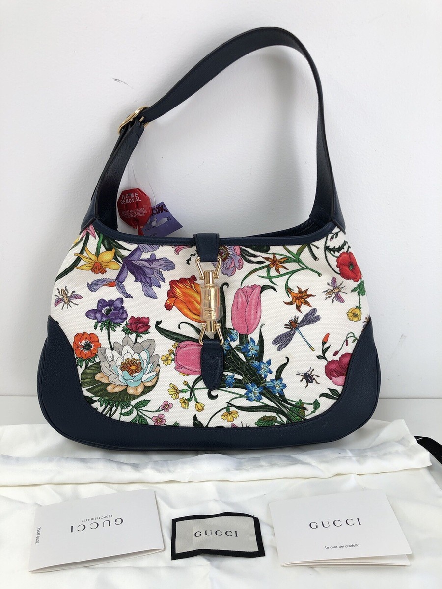 New GUCCI Jackie Flora Canvas Leather Shoulder Bag Hand Bag Navy