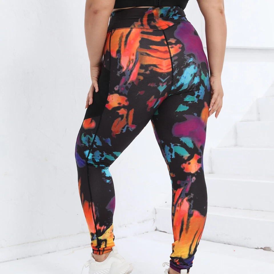 Tie Dye Plus Size Women's Leggings Sports Pocket Yoga Pants Gym Fitness 0XL-4XL - Image 2 of 4