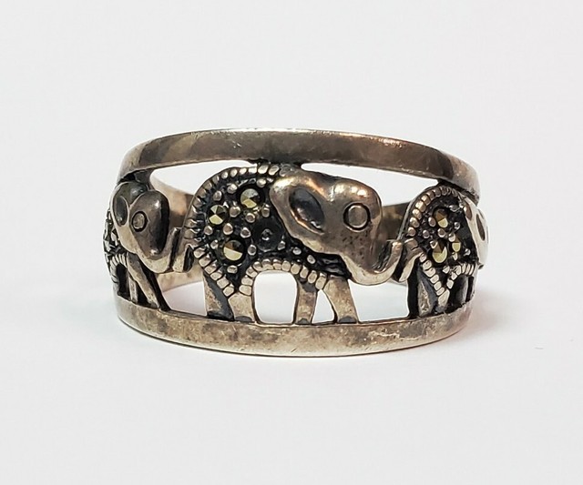 Vintage Sterling Silver and Marcasite 3 Elephant Ring Size 7 1/4 eBay