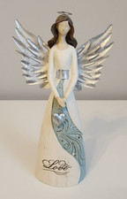 7.75" Love Angel Blue Cream Holding Heart Pendant Resin Crystals Tin Metallic