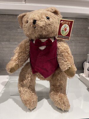 Vintage Teddy Bilderbuchbär Jointed Henry His Big Day Out rote Weste Neu mit Etikett