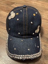 NEW Dark Distressed Denim Mickey Mouse Sequin Bling Baseball Cap Hat