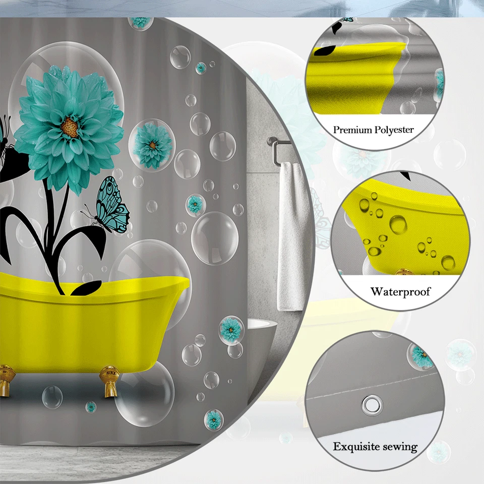 Cortina de Ducha Mariposa Flor Verde Azulado, Diseño Moderno de Bañera Amarilla, Baño Foto 2 de 4