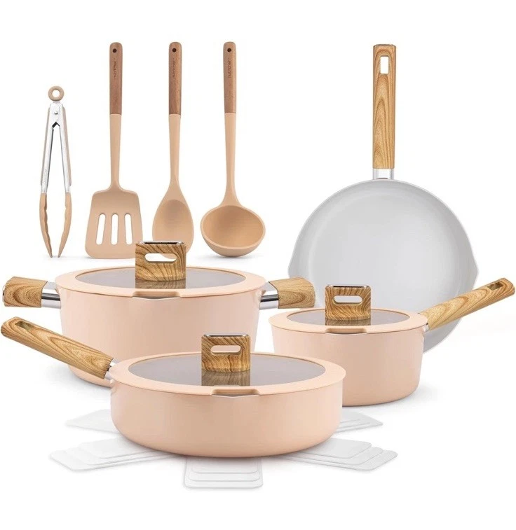 Nutriched 14-Piece Pink Nonstick Ceramic Cookware Set with Utensils & Lids
